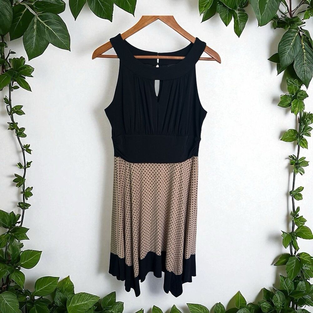 En Focus Studio Dress Women 12 Black Tan Polka Dot Sleeveless Fit Flare Midi